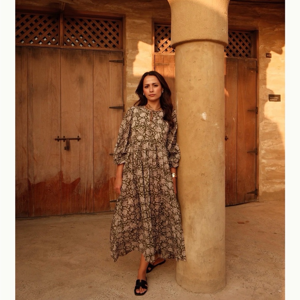 Floral Tie-Waist Midi Dress in Olive Green